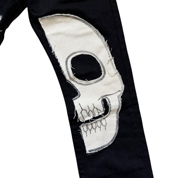 MNML Black Denim Pants With White Skull Patch Design Size 28 - Picture 5 of 10